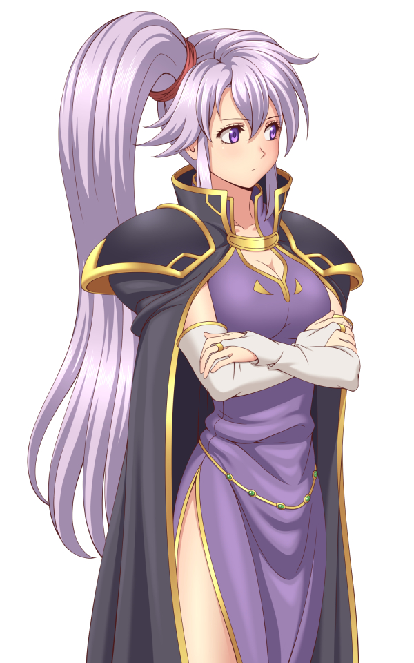 breasts cape cleavage cowboy_shot crossed_arms dress elbow_gloves expressionless fire_emblem fire_emblem:_seisen_no_keifu gloves ishtar_(fire_emblem) lavender_hair long_hair medium_breasts purple_dress purple_eyes rere_(yusuke) side_ponytail side_slit simple_background solo standing white_background white_gloves