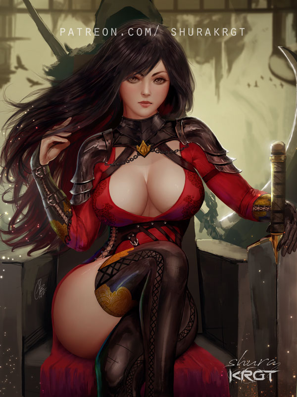 armor artist_name bangs black_hair breasts chain chair cleavage closed_mouth commentary commission crossed_legs dress facing_viewer gloves hands_in_hair holding holding_sword holding_weapon large_breasts long_hair looking_at_viewer original pauldrons red_dress shoulder_armor shurakrgt single_glove sword thighhighs thighs weapon yellow_eyes