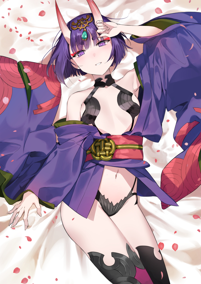 bangs bare_shoulders bob_cut breasts collarbone commentary_request eyeliner fate/grand_order fate_(series) forehead_jewel headpiece hips horns ice_(ice_aptx) japanese_clothes kimono lying makeup navel obi off_shoulder on_back oni oni_horns open_clothes open_kimono petals purple_eyes purple_hair purple_kimono revealing_clothes sash short_eyebrows short_hair shuten_douji_(fate/grand_order) small_breasts solo wide_sleeves