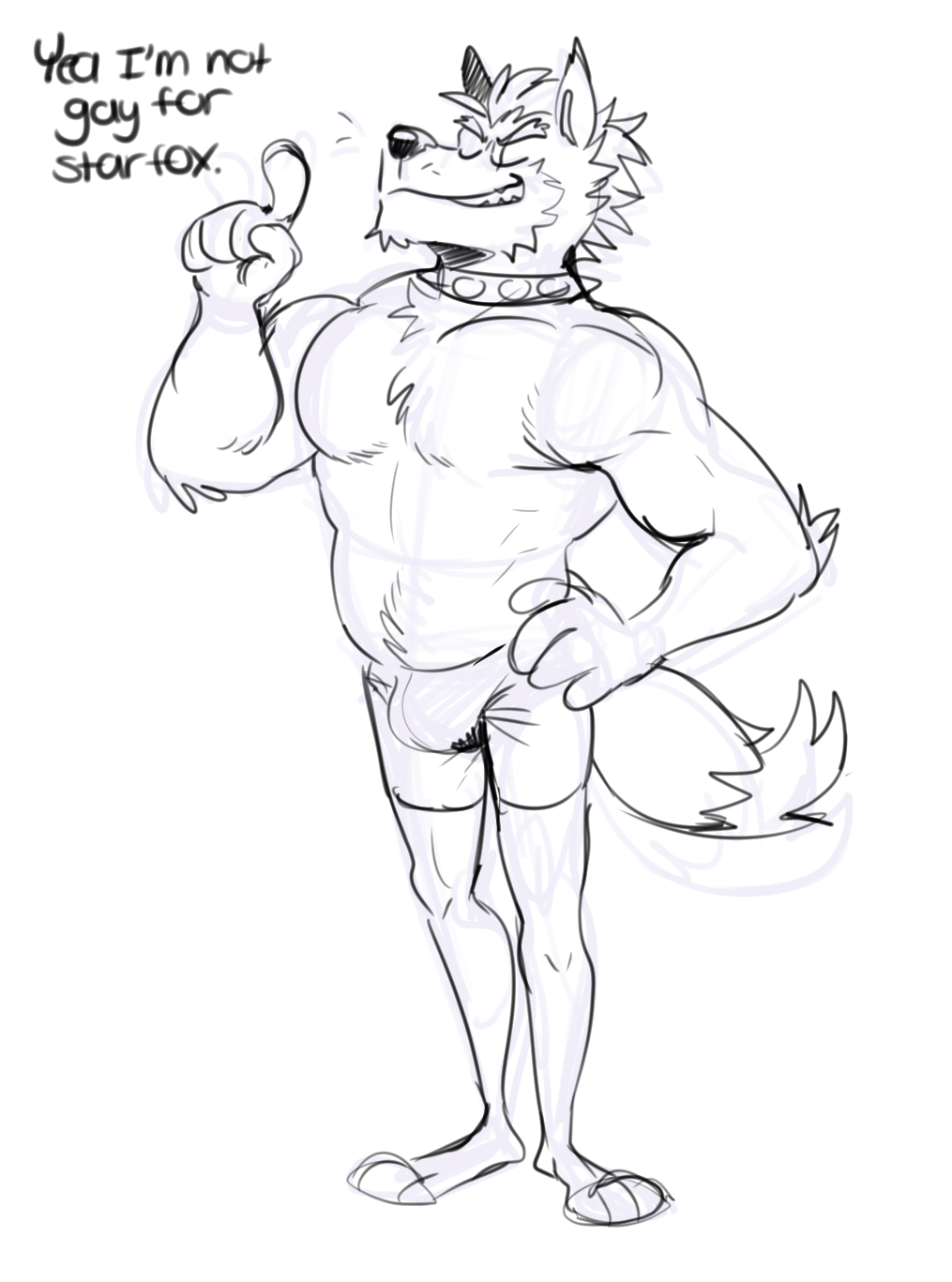 anthro boxers_(clothing) bulge canine clothing male mammal muscular muscular_male nintendo no_homo nude plum_(artist) simple_background solo star_fox stated_heterosexuality text underwear video_games white_background wolf wolf_o'donnell