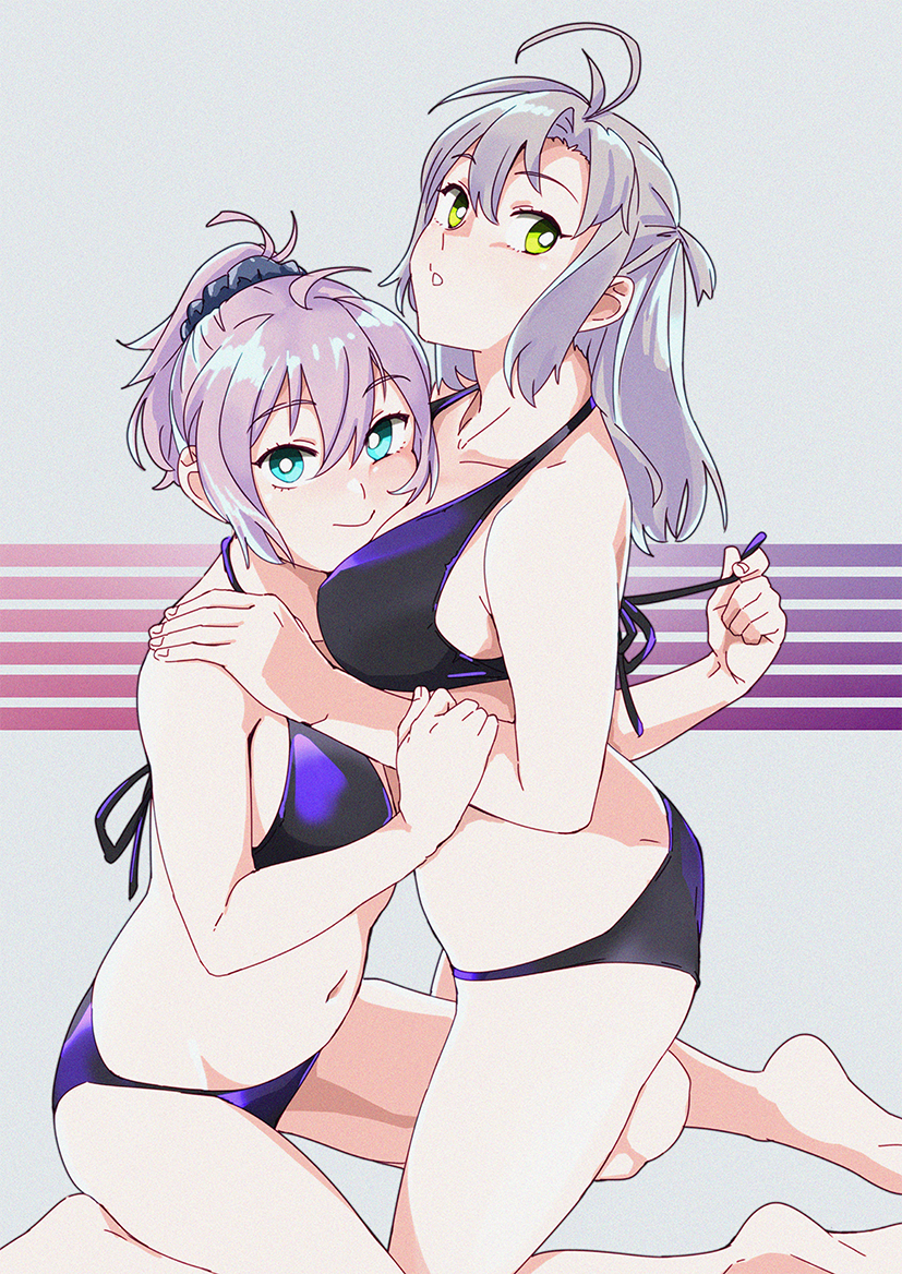 antenna_hair aoba_(kantai_collection) aqua_eyes barefoot bikini breasts collarbone commentary_request film_grain full_body grey_background grey_hair hair_tie kantai_collection kinugasa_(kantai_collection) kneeling looking_at_viewer medium_breasts multiple_girls ojipon ponytail purple_bikini purple_hair remodel_(kantai_collection) scrunchie short_hair side_ponytail striped striped_background swimsuit white_pupils yellow_eyes