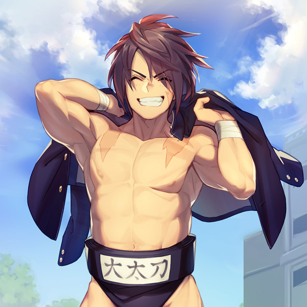 abs bare_hips blue_sky brown_hair building closed_eyes cloud cloudy_sky commentary_request day eyebrows_visible_through_hair facing_viewer gakuran grin hinomaru_zumou jacket_on_shoulders male_focus mawashi muscle navel outdoors scar school_uniform sky smile solo spiked_hair standing teeth translated ushio_hinomaru yoshito_(adore)