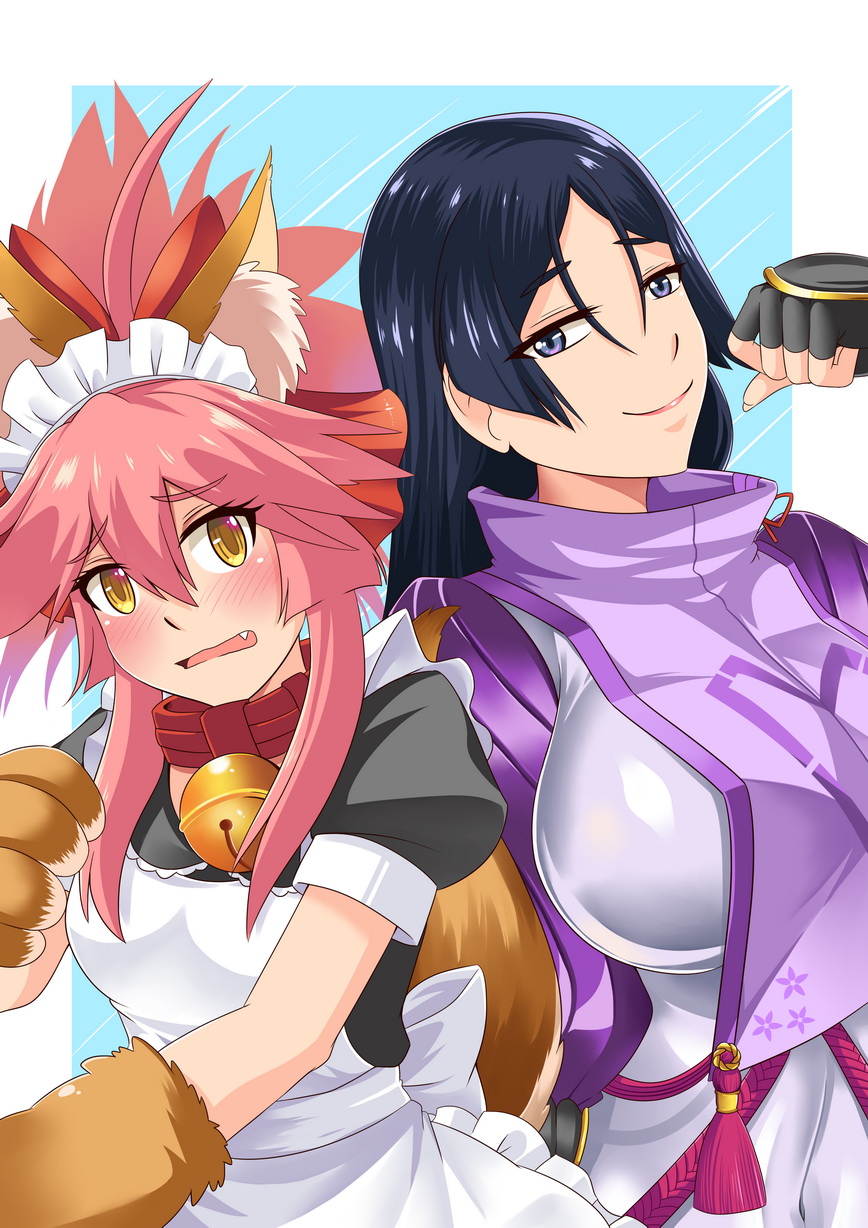 alternate_costume animal_ear_fluff animal_ears apron bell bell_collar bodysuit breasts cat_paws collar enmaided eyebrows_visible_through_hair fangs fate/grand_order fate_(series) fingerless_gloves fox_ears fox_girl fox_tail frills gloves highres huge_breasts jingle_bell large_breasts long_hair looking_at_viewer maid maid_apron maid_headdress meierufu minamoto_no_raikou_(fate/grand_order) multiple_girls paw_gloves paws pink_hair ponytail purple_bodysuit purple_eyes purple_hair tail tamamo_(fate)_(all) tamamo_cat_(fate) very_long_hair waist_apron yellow_eyes