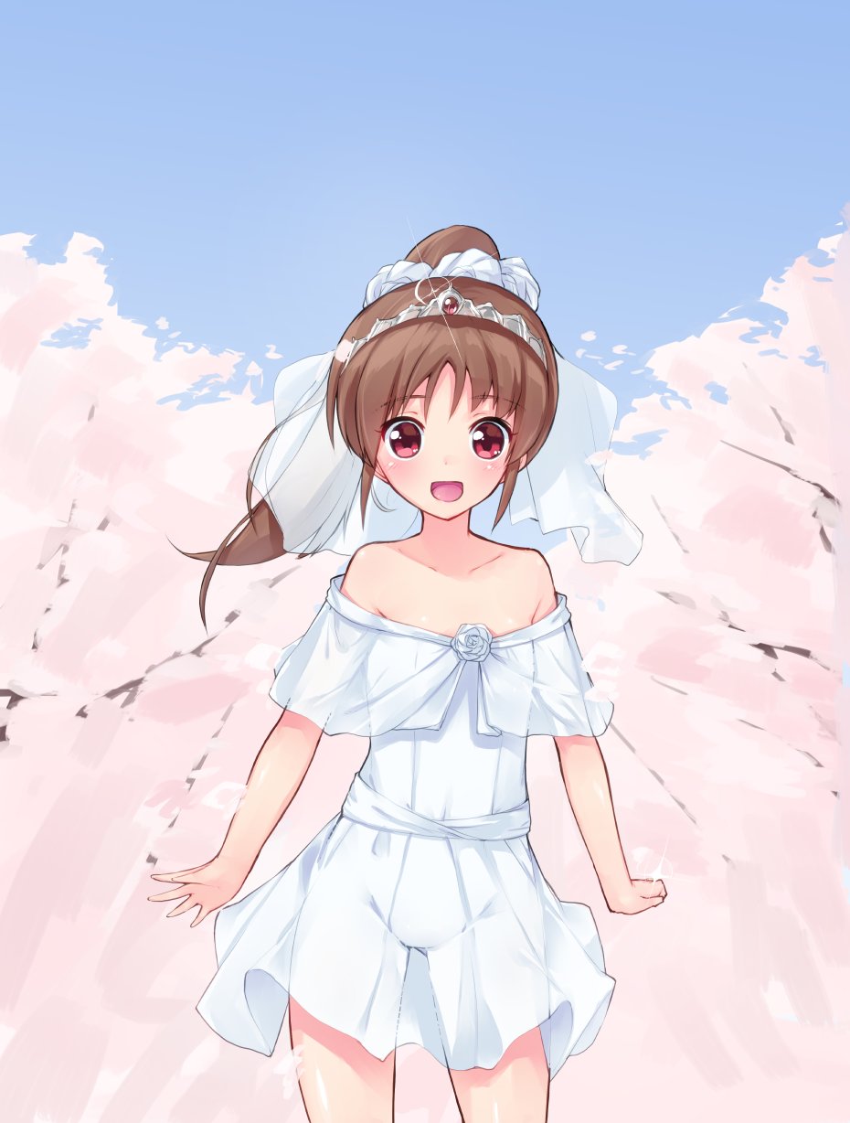 :d ass_visible_through_thighs bangs blue_sky bridal_veil brown_hair cherry_blossoms commentary_request cowboy_shot day debutya_aki dress eyebrows_visible_through_hair flat_chest flower groin happy highres jewelry long_hair looking_at_viewer navel no_panties off-shoulder_dress off_shoulder open_mouth outdoors ponytail red_eyes ring rose saki saki_achiga-hen see-through short_dress sky smile solo sparkle standing takakamo_shizuno tiara tree veil wedding_band wedding_dress white_dress white_flower white_rose