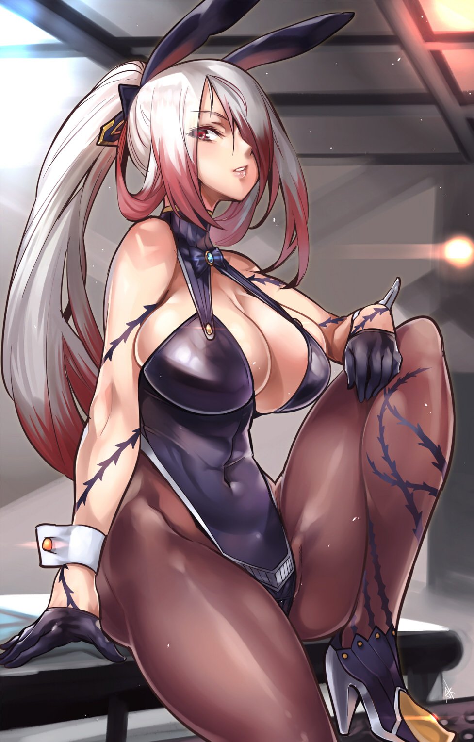 animal_ears asmodeus_(megido72) ass bare_shoulders black_gloves black_legwear bow bowtie breasts bunny_ears cleavage covered_navel gloves hair_over_one_eye half_gloves high_heels highres hijiri large_breasts leotard long_hair looking_at_viewer megido72 pantyhose parted_lips ponytail red_eyes red_hair silver_hair simple_background sleeveless solo very_long_hair wrist_cuffs