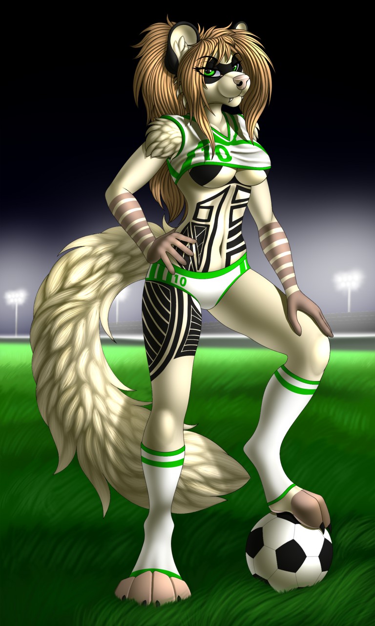 2018 5_fingers anthro blonde_hair breasts clothed clothing detailed_background digital_media_(artwork) female ferret grass green_eyes hair mammal mustelid navel smile solo standing tales_foxdale