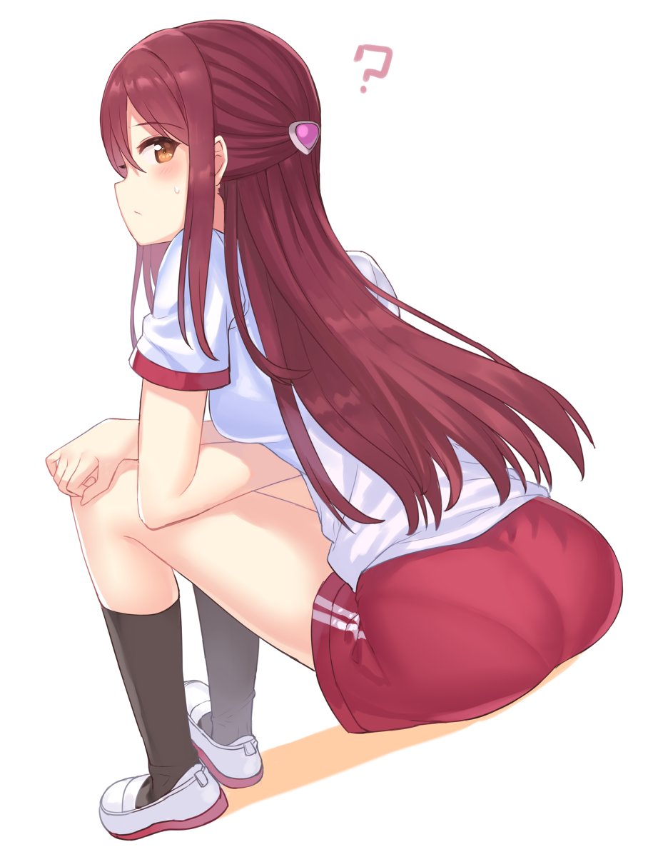 ? ass bangs black_legwear blush breasts brown_eyes closed_mouth commentary_request dutch_angle eyebrows_visible_through_hair from_behind gym_shirt gym_shorts gym_uniform hair_between_eyes hair_ornament hajime_kaname half_updo hand_on_own_knee highres kneehighs loafers long_hair looking_at_viewer looking_back love_live! love_live!_sunshine!! medium_breasts pantylines profile red_hair red_shorts sakurauchi_riko shirt shoes short_shorts short_sleeves shorts sidelocks solo very_long_hair white_background white_footwear white_shirt