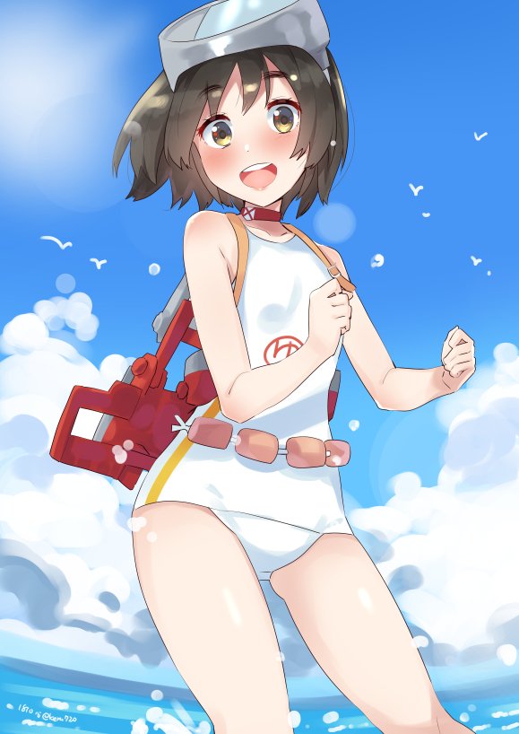 bangs black_hair blue_sky brown_eyes cloud cowboy_shot day diving_mask diving_mask_on_head kantai_collection looking_at_viewer maru-yu_(kantai_collection) one-piece_swimsuit outdoors parted_bangs school_swimsuit short_hair sky solo standing swimsuit tonari_no_kai_keruberosu white_school_swimsuit white_swimsuit