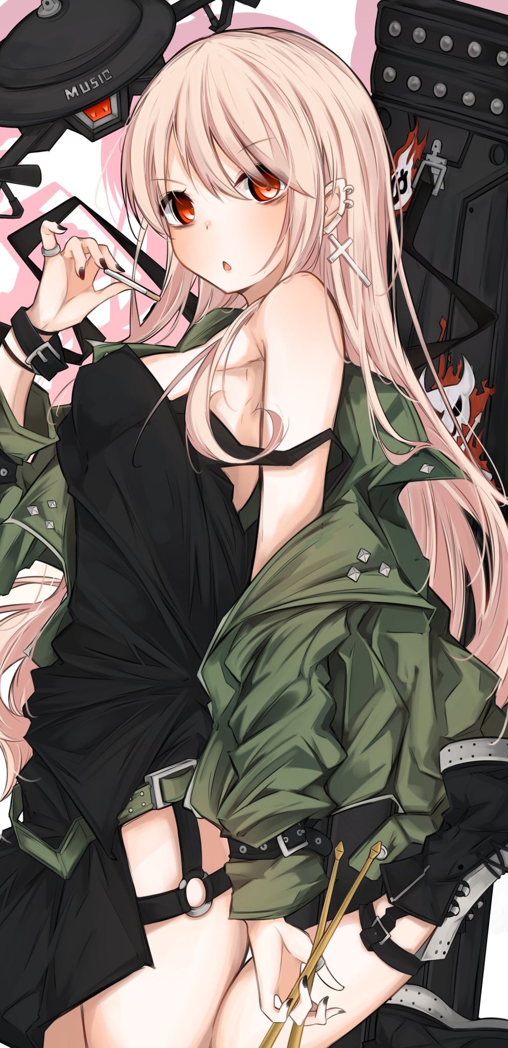 7:08 armpits bags_under_eyes bangs bare_shoulders belt_buckle black_footwear black_nails blush boots breasts buckle chestnut_mouth cigarette colored_eyelashes commentary_request cross cross_earrings dress drumsticks ear_piercing earrings eyebrows_visible_through_hair fingernails from_side girls_frontline green_belt green_jacket hair_between_eyes hand_up head_tilt highres holding holding_cigarette holding_drumsticks jacket jewelry light_brown_hair long_hair long_sleeves looking_at_viewer looking_to_the_side medium_breasts nail_polish o-ring off_shoulder parted_lips piercing pointy_ears red_eyes ring sleeveless sleeveless_dress solo strap_slip thumb_ring type_80_(girls_frontline) very_long_hair