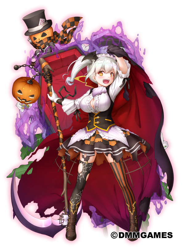 :d black_hat black_skirt breasts brown_footwear cape cleavage coffin flower_knight_girl full_body gloves halloween hat jack-o'-lantern large_breasts leaf legs_apart looking_at_viewer mismatched_legwear nakaishow official_art open_mouth orange_eyes pumpkin scythe shoes short_hair side_ponytail simple_background skirt smile solo standing striped striped_legwear thighhighs top_hat torn_clothes torn_legwear vertical-striped_legwear vertical_stripes warunasubi_(flower_knight_girl) white_background white_gloves white_hair