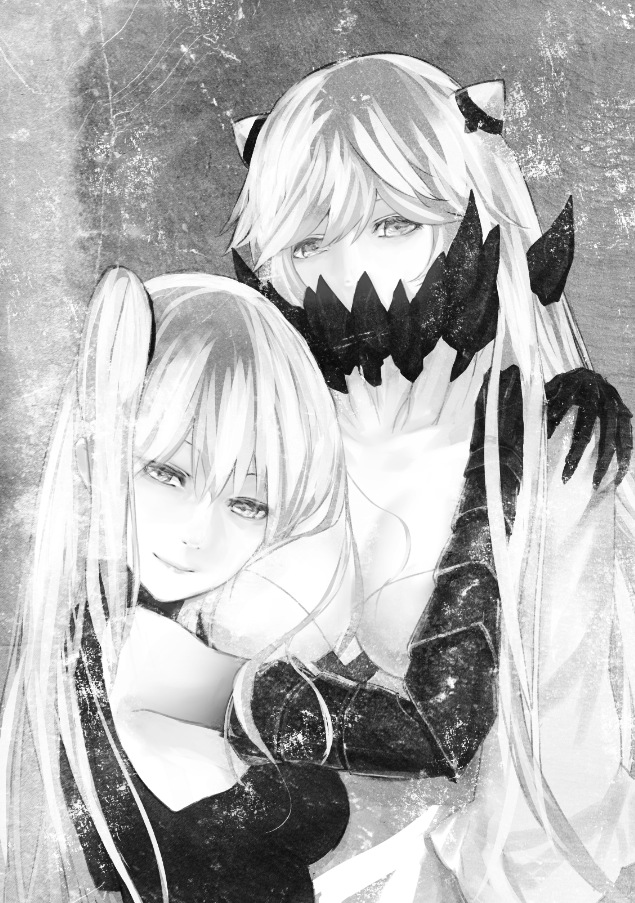 aircraft_carrier_oni armor breasts cleavage closed_mouth dress face_to_breasts gauntlets greyscale head_on_chest horns hug kantai_collection lips long_hair looking_at_viewer midway_hime monochrome multiple_girls nina_(ninageya) photo_(object) shinkaisei-kan side_ponytail sleeveless sleeveless_dress upper_body vambraces white_dress white_hair