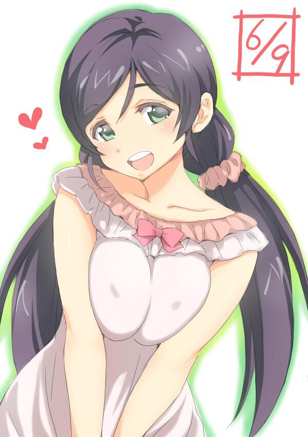 :d bow bowtie breast_squeeze breasts collarbone commentary_request covered_nipples dated deyuuku dress eyebrows_visible_through_hair frilled_dress frills green_outline hair_ornament hair_scrunchie heart large_breasts long_hair looking_at_viewer love_live! love_live!_school_idol_project open_mouth pink_dress pink_neckwear pink_scrunchie purple_hair round_teeth scrunchie smile solo teeth toujou_nozomi twintails upper_body upper_teeth white_background