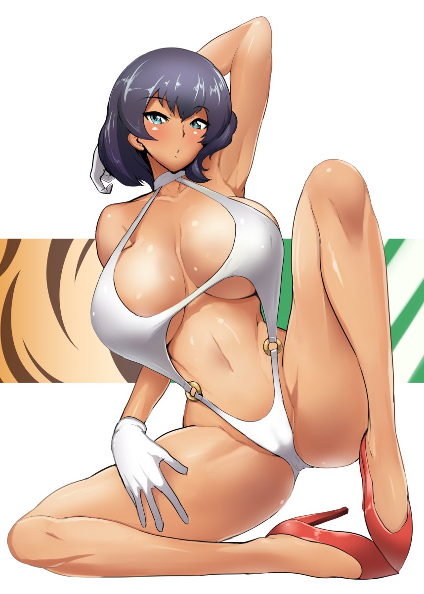 arm_behind_head armpits bangs blush breasts brown_hair closed_mouth commentary_request dark_skin dutch_angle eyebrows_visible_through_hair full_body girls_und_panzer gloves green_eyes head_tilt high_heels highres hoshino_(girls_und_panzer) huge_breasts looking_at_viewer navel o-ring red_footwear sasaki_tatsuya shiny shiny_skin short_hair sitting slingshot_swimsuit solo spread_legs swimsuit tiger_stripes white_gloves white_swimsuit