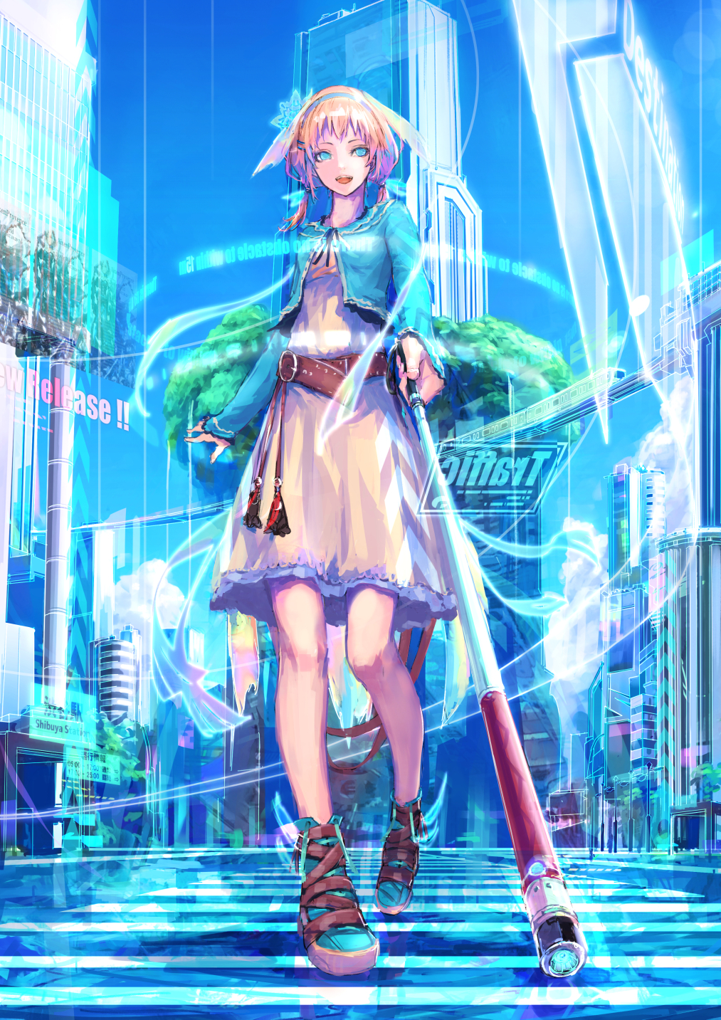 aqua aqua_eyes aqua_footwear belt blind blonde_hair blue blue_sky brown_belt building city cloud commentary_request crosswalk day dress english foreshortening full_body hairband high_belt high_tops highres hologram holographic_interface long_hair long_legs looking_at_viewer loose_belt low_twintails monorail nina_(ninageya) no_pupils original outdoors science_fiction shibuya_(tokyo) shrug_(clothing) sky skyscraper solo tassel tree twintails walking white_cane white_dress