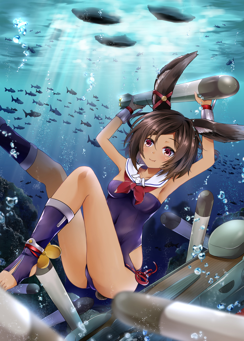 animal_ears armpits arms_up ass azur_lane bare_shoulders blue_swimsuit brown_hair bubble bunny_ears bunny_tail closed_mouth commentary_request covered_navel dark_skin fish highres holding holding_breath i-26_(azur_lane) kneehighs legs legs_up light_rays one-piece_swimsuit red_eyes short_hair solo strapless strapless_swimsuit sunbeam sunlight swimsuit tail toes torpedo underwater yozuki_shokora