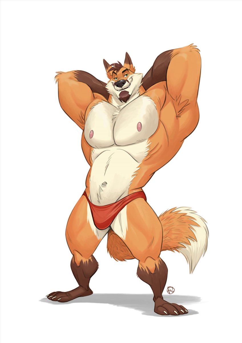 2018 anthro biceps canine claws clothing digital_media_(artwork) facial_hair fox fur furrybob hair hi_res male mammal muscular muscular_male pecs simple_background solo standing toe_claws toes underwear white_background