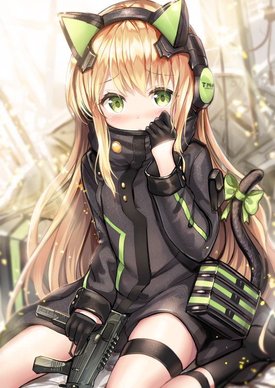 animal_ears bangs black_gloves black_legwear blonde_hair blush cat_ears cat_tail character_name commentary_request embarrassed eyebrows_visible_through_hair fake_animal_ears girls_frontline gloves gun hair_between_eyes half_gloves headphones holding holding_weapon long_hair looking_at_viewer open_mouth ribbon sakura_ani sitting solo tail tail_ribbon thigh_strap tmp_(girls_frontline) weapon