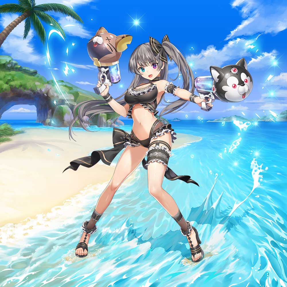 :d aqua_eyes armband armpits beach bikini blue_sky bow breasts choker cleavage cloud dual_wielding frilled_bikini frilled_swimsuit frills hair_between_eyes heterochromia high_heels holding island large_breasts lisa_(valkyrie_connect) looking_at_viewer navel ocean open_mouth palm_tree ponytail purple_eyes sand sandals sky smile splashing summer sun swimsuit tree valkyrie_connect water_gun