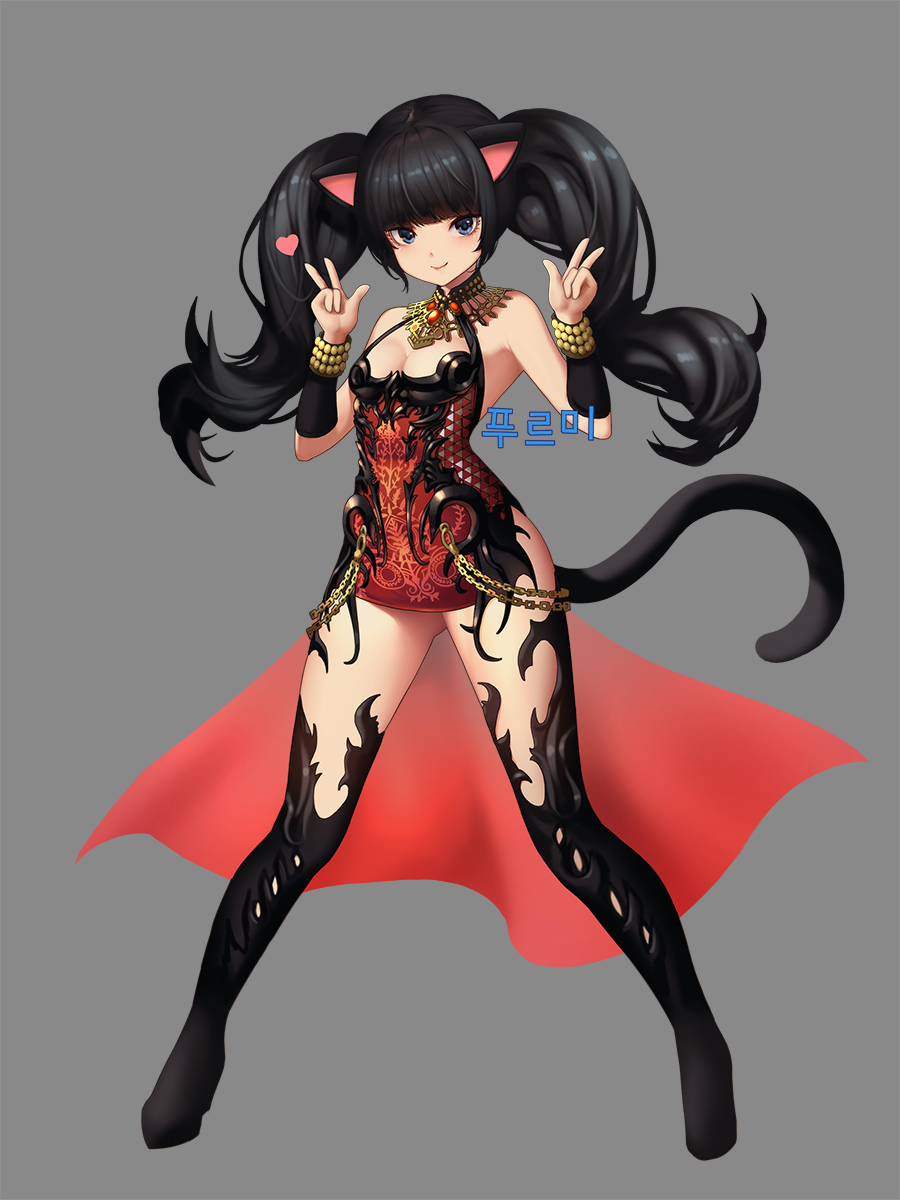 animal_ears armpits arms_up ass_visible_through_thighs black_hair black_legwear blade_&amp;_soul blue_eyes breasts cat_ears cat_tail chain cleavage commentary_request double_v dress full_body grey_background highres long_hair lyn_(blade_&amp;_soul) mistrie red_dress short_dress simple_background sleeveless sleeveless_dress small_breasts smile solo tail thighhighs thighs twintails v