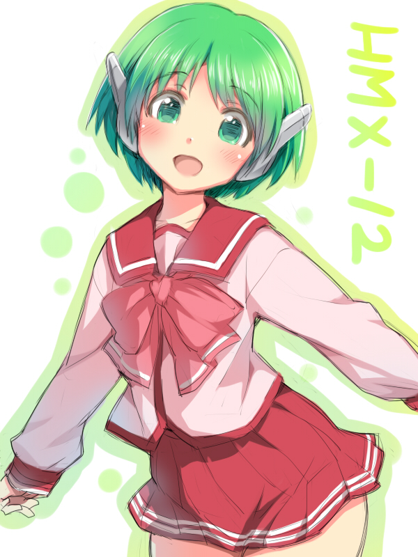 :d blush bow bowtie character_name commentary_request deyuuku eyebrows_visible_through_hair green_eyes green_hair green_outline long_sleeves looking_at_viewer multi open_mouth pink_neckwear red_sailor_collar red_skirt robot_ears sailor_collar shirt short_hair skirt smile solo to_heart white_background white_shirt