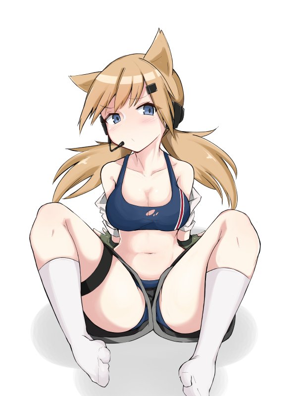 alternate_breast_size animal_ears blonde_hair blue_eyes blue_panties blush breasts cat_ears collarbone commentary girls_frontline headset idw_(girls_frontline) kumasteam legband long_hair looking_at_viewer low_twintails medium_breasts navel panties shorts simple_background sitting solo spread_legs torn_clothes twintails underwear white_background