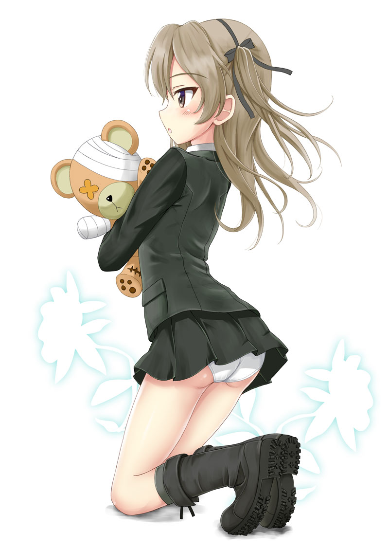 ass bandaged_head bandages bangs black_bow black_footwear black_hairband blush boko_(girls_und_panzer) boots bow brown_hair commentary_request eyebrows_visible_through_hair flipper full_body girls_und_panzer green_jacket green_legwear green_skirt hair_between_eyes hair_bow hairband jacket knee_boots kneehighs kneeling light_brown_hair long_hair looking_away military military_uniform object_hug one_side_up pleated_skirt profile selection_university_military_uniform shimada_arisu skirt solo stuffed_animal stuffed_toy teddy_bear uniform white_background