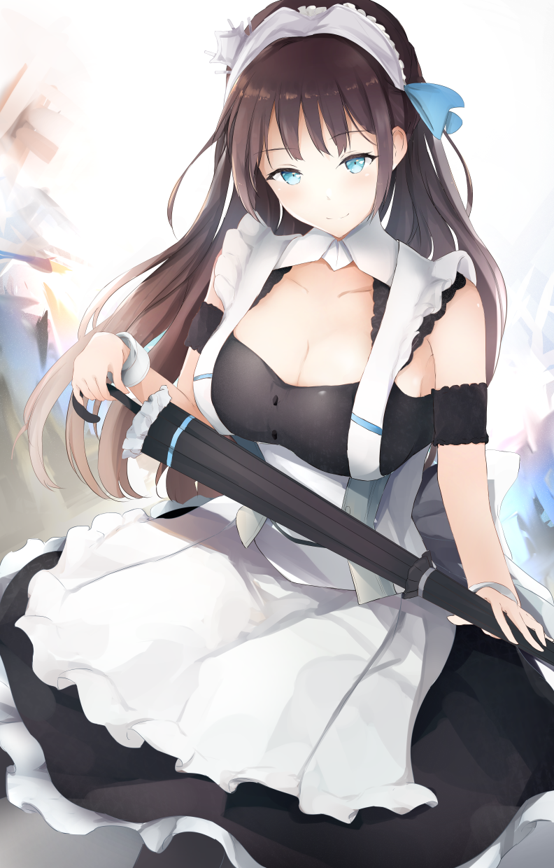 apron azur_lane bangs blue_eyes blush breasts brown_hair cleavage closed_umbrella collarbone commentary_request dress eyebrows_visible_through_hair frills hair_ornament hairband highres holding holding_umbrella long_hair looking_at_viewer maid medium_breasts neofreet newcastle_(azur_lane) remodel_(azur_lane) ribbon smile solo umbrella wrist_cuffs
