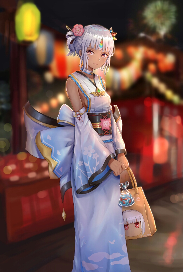 altera_(fate) alternate_costume alternate_hairstyle bag bagged_fish bare_shoulders blue_bow blurry blurry_background blush bow breasts bright_pupils choker closed_mouth collarbone commentary dark_skin dated depth_of_field detached_sleeves fate/grand_order fate_(series) feet_out_of_frame festival fireworks fish floral_print flower forehead_protector frilled_kimono frills hair_flower hair_ornament hair_rings hokori_sakuni japanese_clothes kimono lantern large_bow long_sleeves looking_at_viewer night night_sky obi outdoors pink_flower print_sleeves red_eyes sash shop sideboob sidelocks sky small_breasts smile solo standing symbol_commentary water white_choker white_kimono wide_sleeves