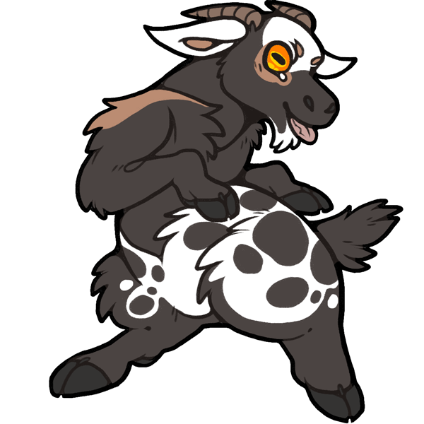 alpha_channel ambiguous_gender black_fur black_tail brown_fur caprine feral fur goat hooves mammal multicolored_fur nude on_hind_legs orange_eyes pink_tongue quadruped simple_background solo splotches_(marking) tongue tongue_out transparent_background unethical white_fur