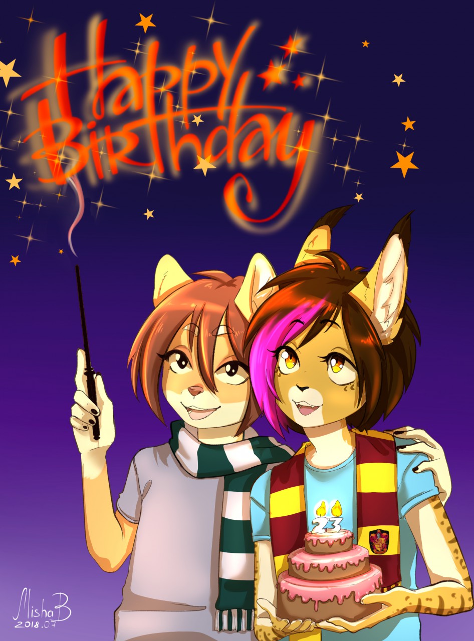 5_fingers arlen_tawny birthday_cake brown_hair cake canine dog duo english_text eyebrows eyelashes feline food hair humanoid_hands long_hair looking_up lynx magic mammal mishabahl morra_(mishabahl) multicolored_hair night open_mouth purple_hair scarf shiba_inu signature simple_background teeth text tongue wand