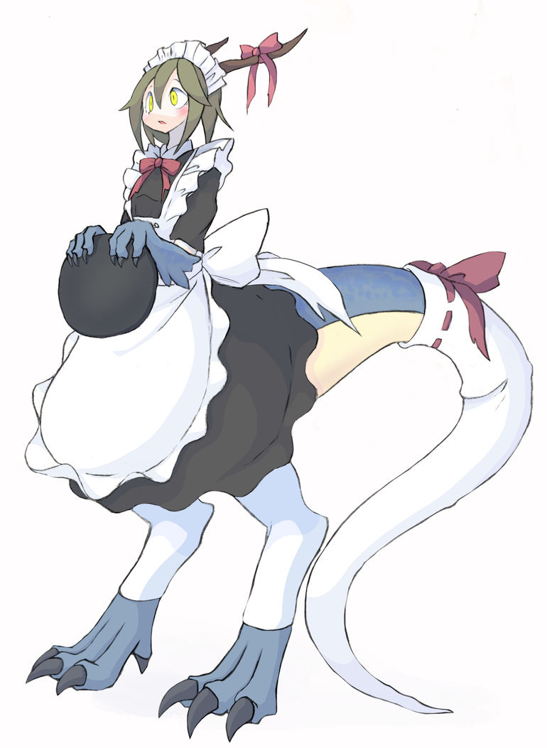 1girl 4139 apron dragon_girl dragon_horns dragon_tail female full_body horns maid maid_apron maid_headdress monster_girl original parted_lips simple_background solo tail white_background