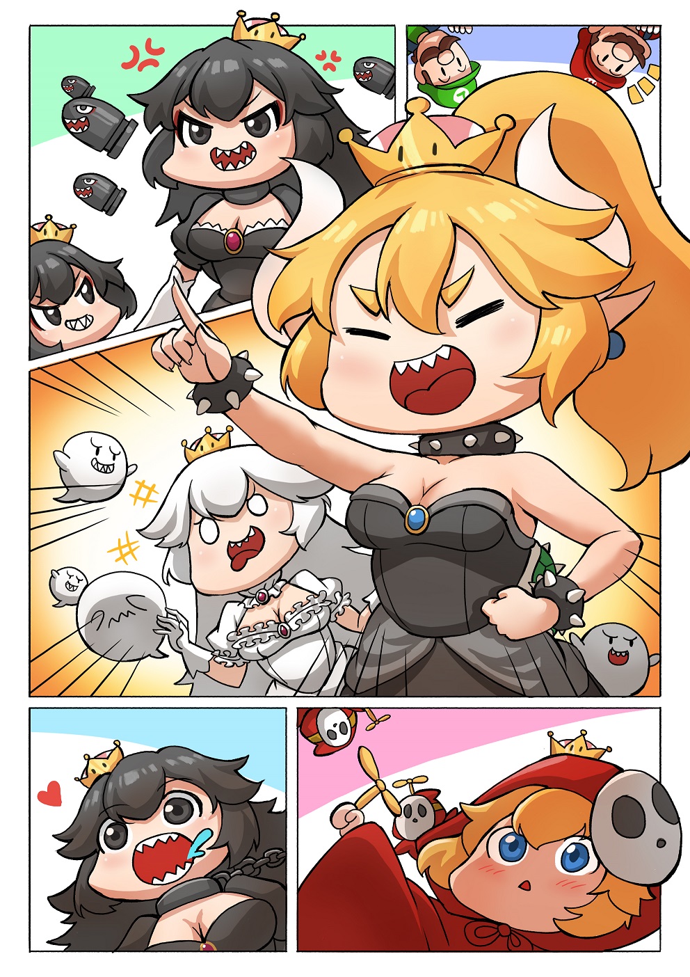 6+girls :d ^_^ ^o^ bare_shoulders black_dress black_eyes black_hair blonde_hair blue_eyes boo bowsette bracelet breasts brown_eyes brown_hair bullet_bill chain chain_chomp cleavage closed_eyes collar comic commentary_request crown dress eyeliner facial_hair gloves gooster hat highres jewelry long_hair luigi luigi's_mansion makeup mario mario_(series) multiple_boys multiple_girls mustache new_super_mario_bros._u_deluxe off-shoulder_dress off_shoulder open_mouth peeking_out ponytail princess_chain_chomp princess_king_boo red_hood sharp_teeth shy_gal silent_comic smile spiked_bracelet spiked_collar spikes super_crown super_mario_bros. teeth white_dress white_gloves white_hair