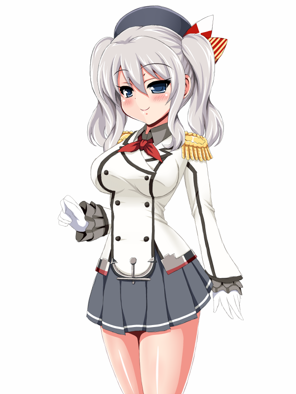 blue_eyes breasts buttons cowboy_shot epaulettes gloves grey_skirt jacket kantai_collection kashima_(kantai_collection) large_breasts long_sleeves military_jacket miniskirt neckerchief pleated_skirt red_neckwear sidelocks silver_hair simple_background skirt smile solo standing tsurime twintails wavy_hair white_background white_gloves white_jacket yaeba