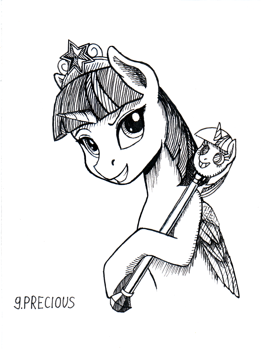 2018 black_and_white crown equine feathered_wings feathers female feral friendship_is_magic gem grin hair horn looking_at_viewer mammal monochrome my_little_pony sa1ntmax scepter simple_background smile solo twilight_scepter_(mlp) twilight_sparkle_(mlp) white_background winged_unicorn wings