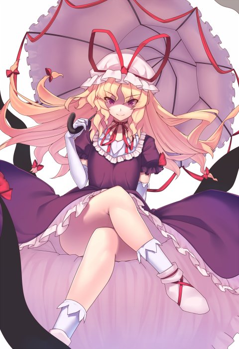 &gt;:) ass bangs bare_legs blonde_hair bow choker commentary cross-laced_footwear crossed_legs dress elbow_gloves feet_out_of_frame frills gap gloves hair_between_eyes hair_bow hand_up hat hat_ribbon holding holding_umbrella kaiza_(rider000) long_hair looking_at_viewer mob_cap petticoat puffy_short_sleeves puffy_sleeves purple_dress purple_eyes red_bow red_choker red_ribbon ribbon ribbon_choker shoes short_sleeves simple_background sitting smile socks solo thighs touhou umbrella v-shaped_eyebrows white_background white_footwear white_gloves white_hat white_legwear yakumo_yukari