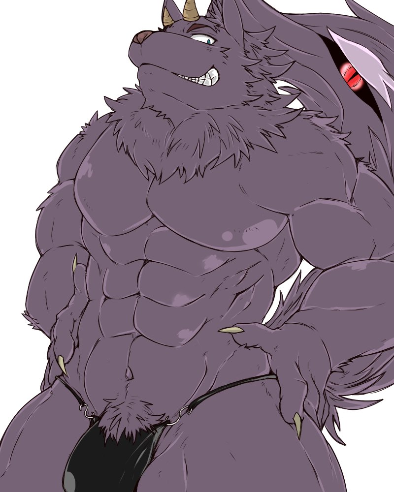 abs azaki_inuyama bathym canine clothing crotch_tuft demon grin horn male mammal muscular muscular_male pecs pose smile speedo swimsuit tokyo_afterschool_summoners wolf