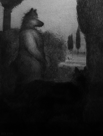 ambiguous_gender anthro bd black_and_white canine casual_nudity dog duo eyes_closed feral low_res male male/ambiguous mammal monochrome outside pencil_(artwork) short_tail slightly_chubby standing traditional_media_(artwork)