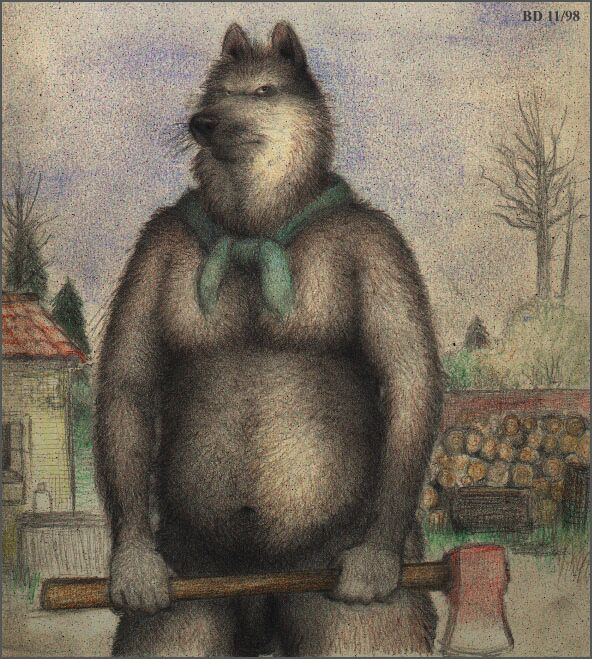 1998 anthro axe balls bd belly black_nose border canine casual_nudity deep_navel dog flaccid fur grey_border male mammal melee_weapon mostly_nude navel outside penis serious serious_face slightly_chubby solo traditional_media_(artwork) weapon whiskers wood_chopper