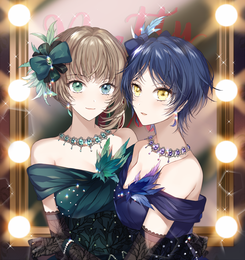aqua_bow aqua_dress black_gloves blue_bow blue_dress blue_eyes blue_feathers blue_hair bow commentary_request dress earrings elbow_gloves feathers gloves green_eyes green_feathers grey_hair hair_bow hair_feathers hayami_kanade heterochromia idolmaster idolmaster_cinderella_girls jewelry lace lace_gloves looking_at_viewer multiple_girls mysterious_eyes_(idolmaster) necklace nennen off-shoulder_dress off_shoulder parted_lips short_hair smile sparkle takagaki_kaede upper_body yellow_eyes