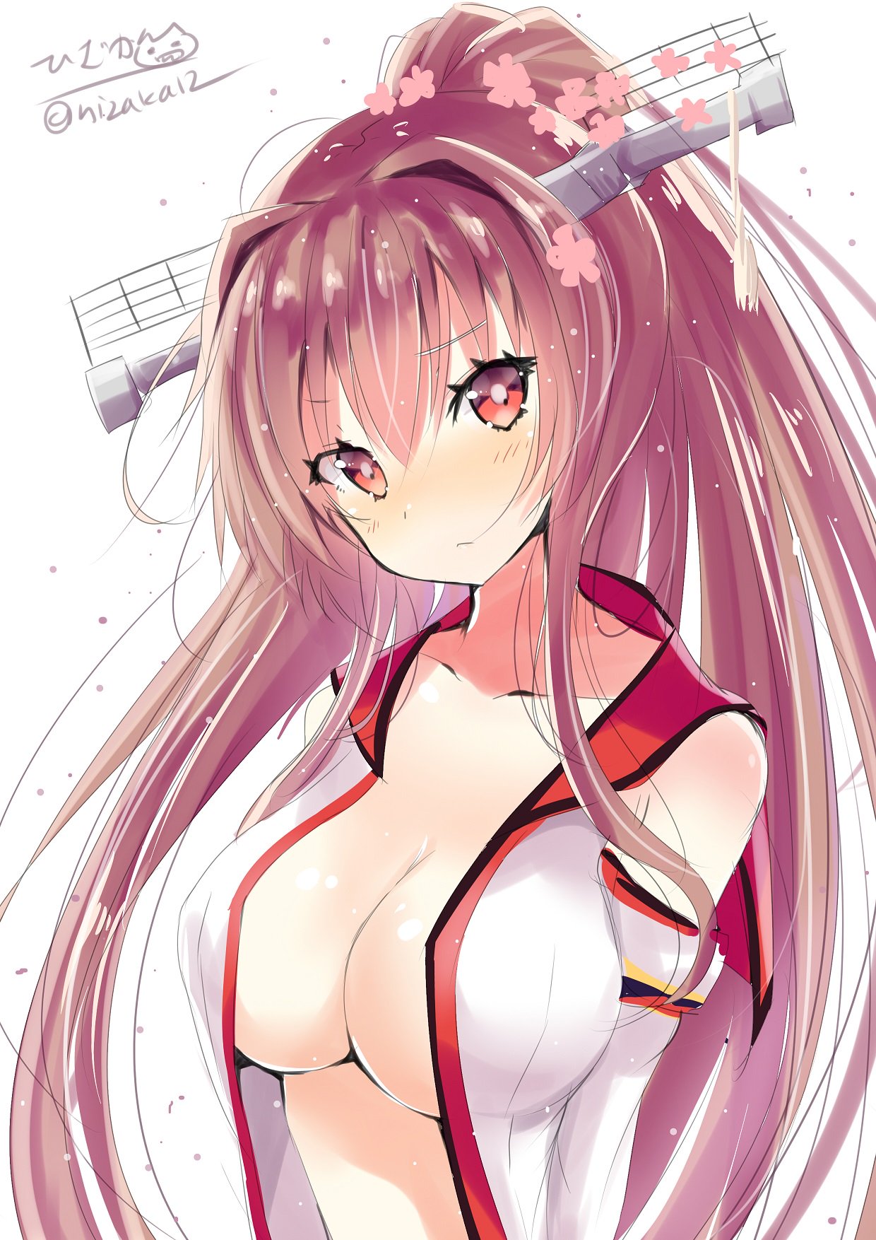 blush breasts brown_hair cherry_blossoms closed_mouth commentary_request eyebrows_visible_through_hair flower hair_between_eyes hair_flower hair_ornament headgear highres hizaka kantai_collection large_breasts long_hair looking_at_viewer no_bra open_clothes ponytail red_eyes simple_background solo very_long_hair yamato_(kantai_collection)