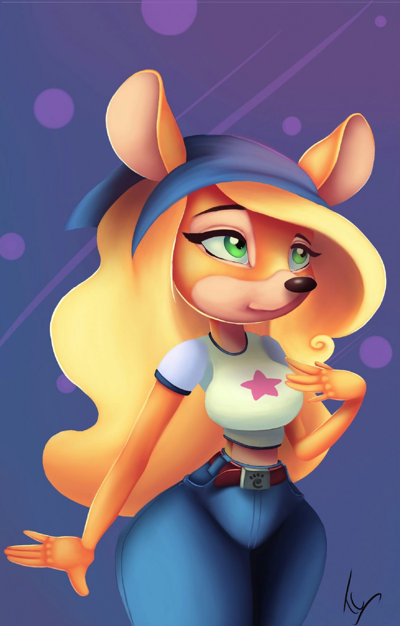 2017 anthro bandicoot belt big_ears biped black_nose blonde_hair breasts clothed clothing coco_bandicoot crash_bandicoot_(series) digital_drawing_(artwork) digital_media_(artwork) eyebrows eyelashes female fur green_eyes hair headscarf hi_res jeans long_hair looking_up mammal marsupial midriff multicolored_fur orange_fur pants portrait pose sexy_doll shirt signature simple_background smile solo standing thick_thighs two_tone_fur video_games voluptuous wavy_hair wide_hips