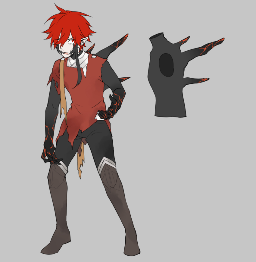 bandages commentary_request eyebrows_visible_through_hair fangs male_focus molten_rock open_mouth pixiv_fantasia pixiv_fantasia_revenge_of_the_darkness pointy_ears red_eyes red_hair shuai simple_background sleeveless torn_clothes