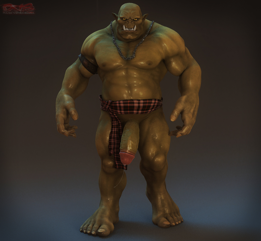 3d_(artwork) 5_fingers abs anthro armband big_feet big_penis chain_necklace circumcised cloth_belt darkviperbara digital_media_(artwork) fangs green_skin hairless huge_penis humanoid invalid_background male muscular muscular_male no_pubes not_furry orc penis pointy_ears precum standing thick_penis yellow_eyes