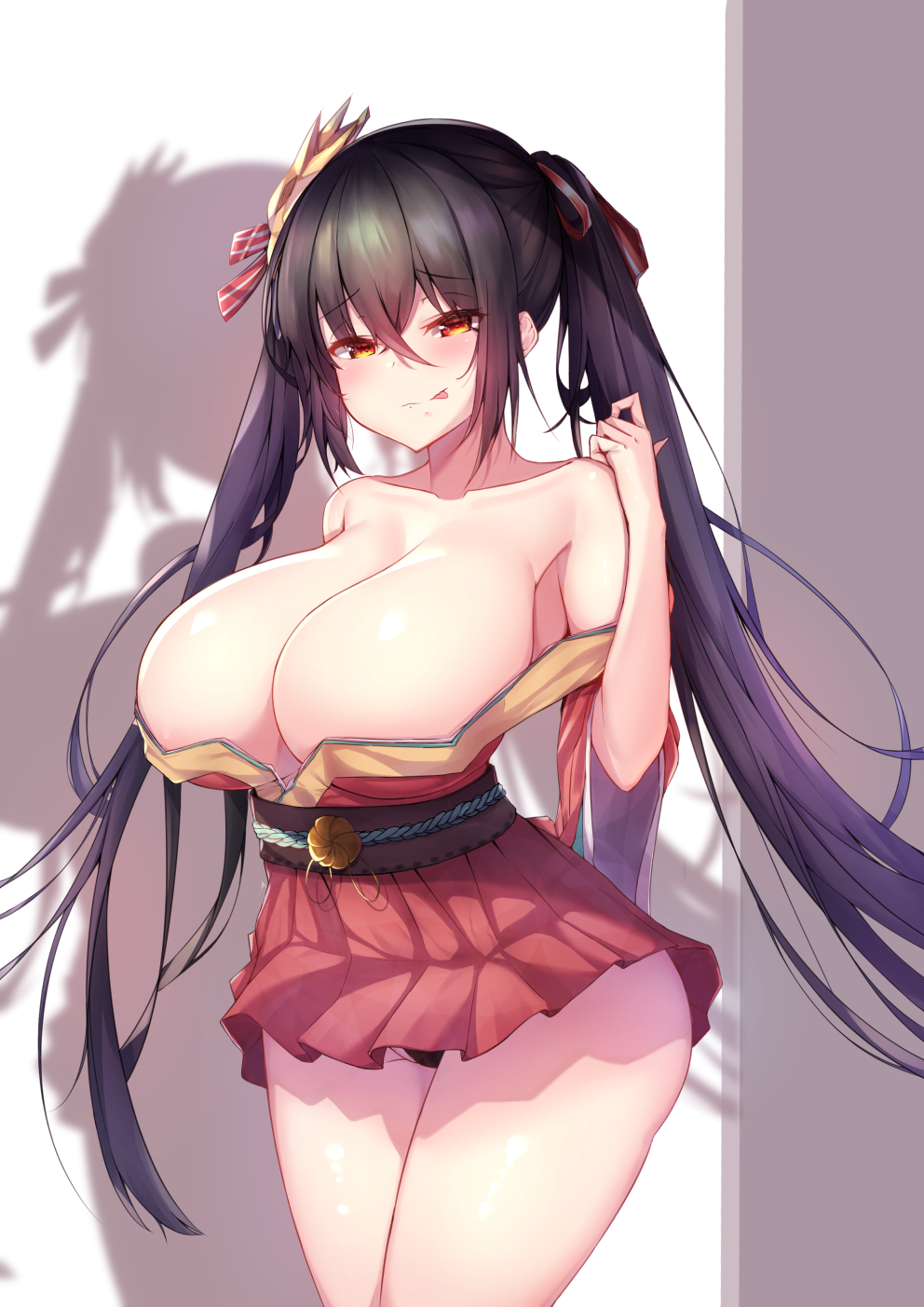 :p azur_lane bare_shoulders black_hair blush breasts cleavage closed_mouth collarbone commentary_request eyebrows_visible_through_hair geonjeonhannick hair_ribbon highres huge_breasts korean_commentary long_hair looking_at_viewer orange_eyes red_ribbon ribbon solo standing taihou_(azur_lane) tongue tongue_out twintails