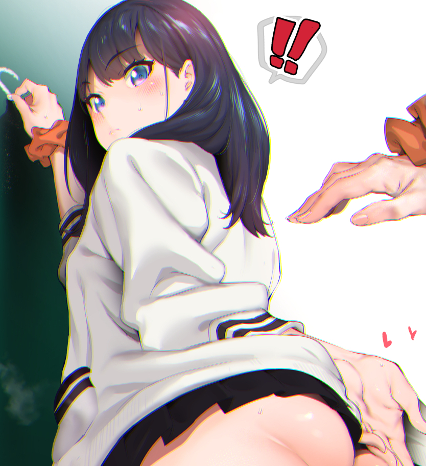 !! 1girl ass bangs black_hair black_skirt blue_eyes blush cardigan chalk chalkboard chromatic_aberration classroom closed_mouth covering covering_ass embarrassed eyebrows_visible_through_hair from_behind iku_(ikuchan_kaoru) long_hair long_sleeves looking_back looking_down pleated_skirt plump school_uniform scrunchie skirt solo spoken_exclamation_mark ssss.gridman sweat takarada_rikka thighs wrist_scrunchie