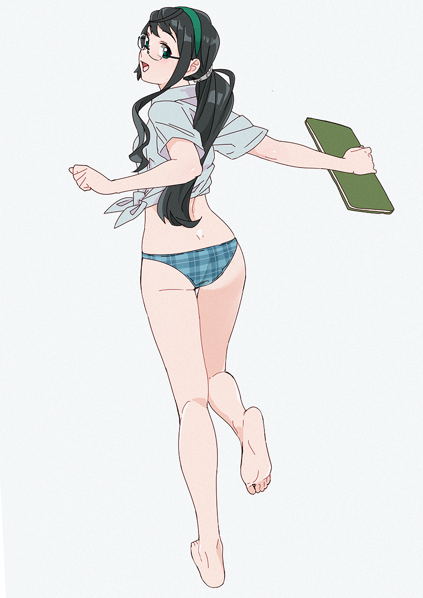 :d alternate_hairstyle ankles aqua_bikini_bottom ass back barefoot black-framed_eyewear black_hair book clenched_hand collared_shirt commentary_request crop_top dimples_of_venus film_grain from_behind full_body green_eyes green_hairband grey_background grey_shirt hairband happy holding holding_book kantai_collection kneepits long_hair looking_at_viewer looking_back low_ponytail lowleg lowleg_bikini_bottom ojipon ooyodo_(kantai_collection) open_mouth plaid plaid_bikini_bottom raised_eyebrows running semi-rimless_eyewear shiny shiny_hair shirt short_sleeves simple_background smile soles solo thigh_gap tied_shirt toes twisted_torso under-rim_eyewear wing_collar