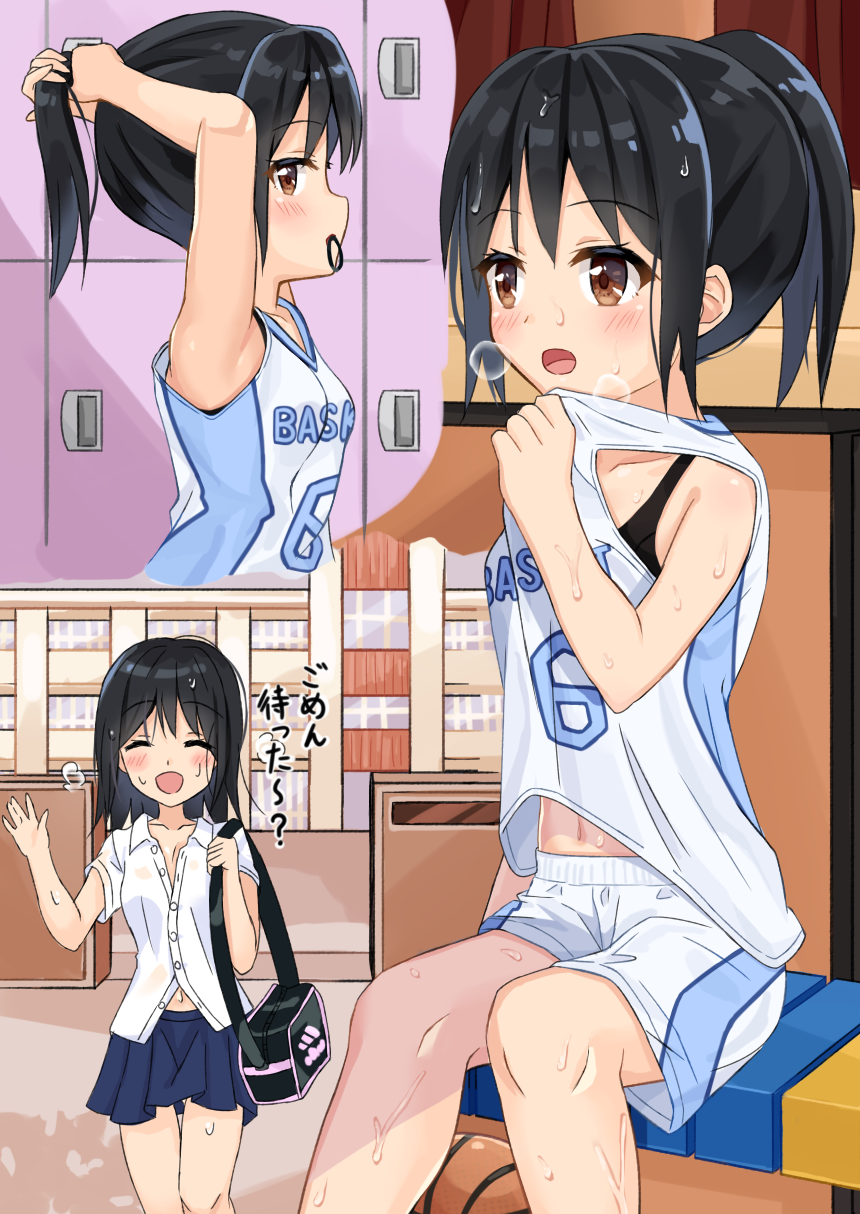 :d bag bangs bare_arms bare_shoulders basketball basketball_uniform black_bra black_hair blue_skirt blush bra breasts brown_eyes bunching_hair closed_eyes clothes_writing collared_shirt commentary_request dress_shirt eyebrows_visible_through_hair hair_between_eyes hair_tie hair_tie_in_mouth hand_up heavy_breathing highres indoors jersey locker mouth_hold navel open_mouth original outdoors pleated_skirt ponytail profile school school_uniform shirt short_shorts shorts shoulder_bag sitting skirt small_breasts smile sports_bra sportswear sutei_(xfzdarkt) sweat tying_hair underwear white_shirt white_shorts