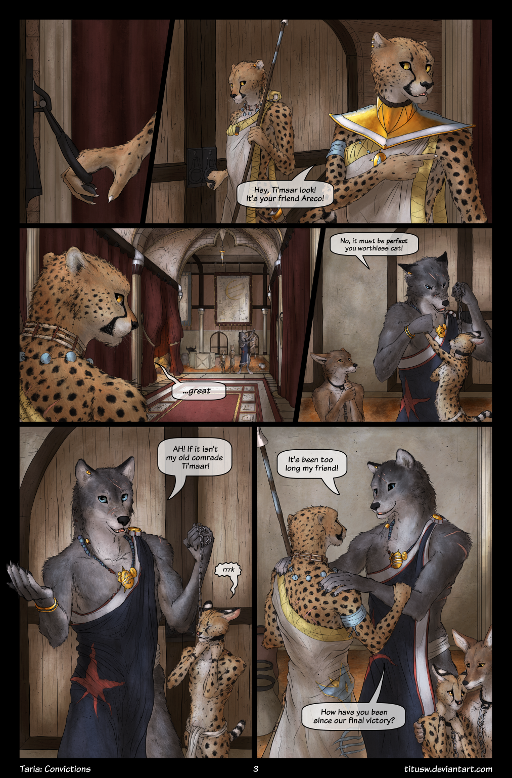 2016 anthro canine cheetah clothed clothing comic coyote detailed_background dialogue ear_piercing english_text facial_scar feline inside mammal melee_weapon piercing polearm scar serval spear text titusw weapon wolf