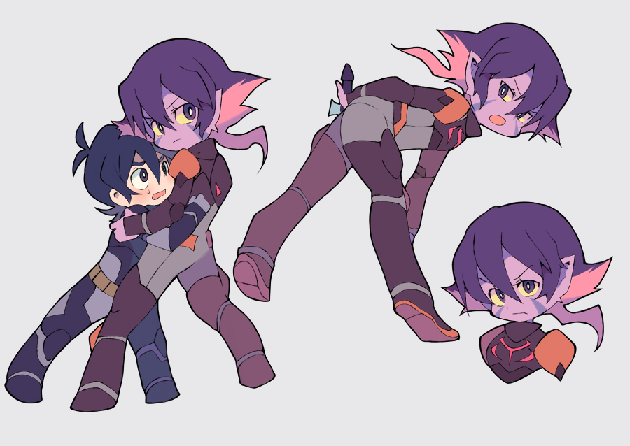 1girl bent_over black_hair bodysuit facial_mark grey_eyes hug keith_(voltron) krolia miyata_(lhr) mother_and_son multicolored_hair open_mouth pink_hair pointy_ears purple_eyes purple_hair purple_skin spoilers two-tone_hair voltron:_legendary_defender yellow_sclera