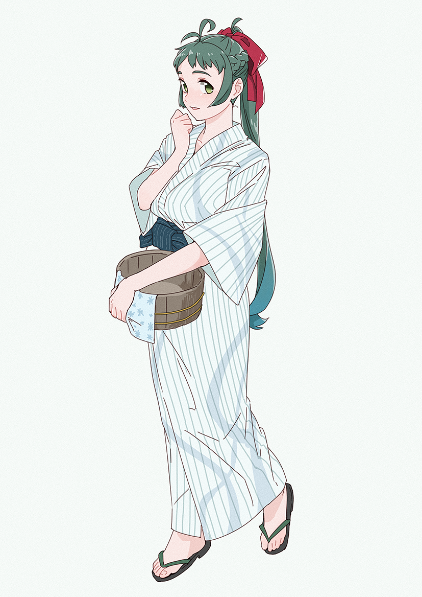 alternate_costume antenna_hair bangs basin bow braid commentary_request film_grain forehead french_braid full_body green_eyes green_hair grey_background hair_bow hand_to_own_mouth hand_up holding irako_(kantai_collection) japanese_clothes kantai_collection kimono long_hair long_sleeves looking_at_viewer ojipon pinstripe_pattern ponytail red_bow sandals sideways_glance simple_background solo standing striped very_long_hair white_kimono wide_sleeves yukata